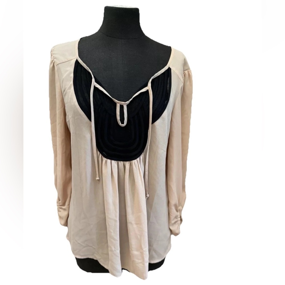 Black Rainn blush colored blouse with sheer black‎ neckline front tie medium